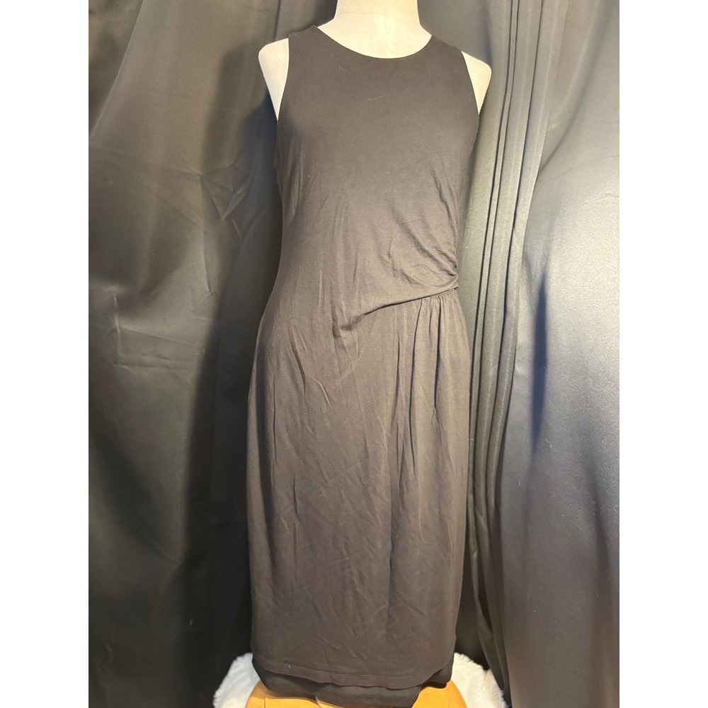 Loft Black Sleeveless Draped Side Sheath Dress Medium Keyhole Back Midi